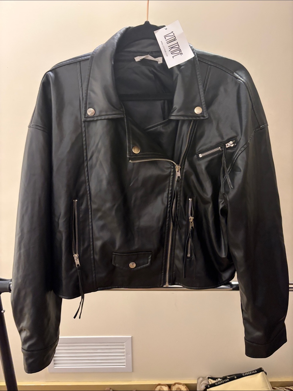 12th Tribe Black Faux Leather Moto Jacket with Silver Hardware